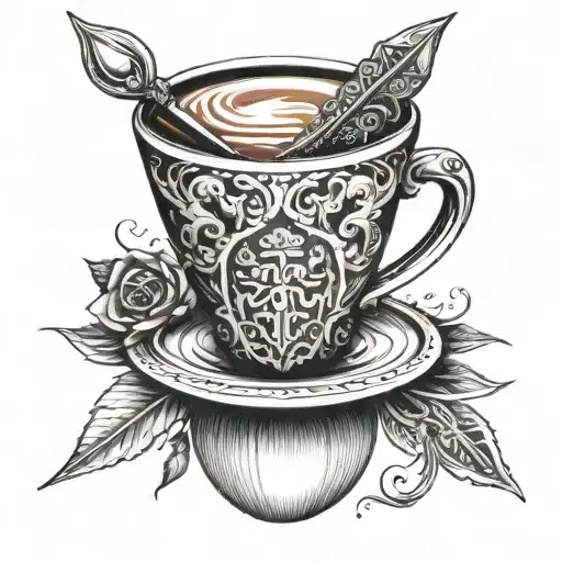 A Coffee Cup Morphing Into A Dagger With Intricate Fantasy Designs