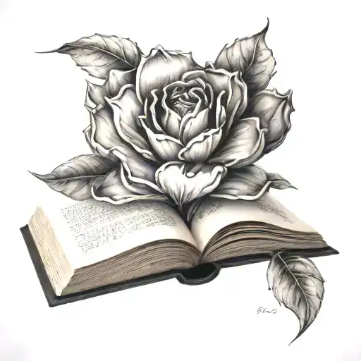 A Black And Grey Tattoo Of A Mystical Flower Growing Out Of A Book