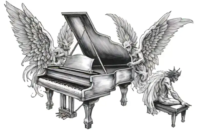 Piano An Center An Angel On The Left And A Demon On The Right