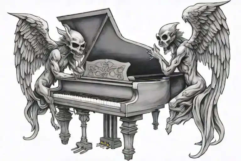 Piano An Center An Angel On The Left And A Demon On The Right