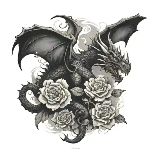 I Want A Black Dragon Emerging From A Cave With Smoke In It Some Roses And Romen Leters