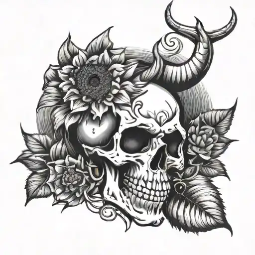 Skull With Horns With Sunflower In Mouth