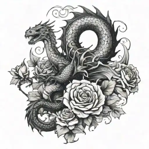 I Want A Black Dragon Emerging From A Cave With Smoke Inside Of It Some Roses And Romen Leters