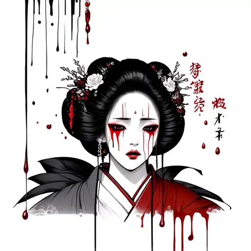 Crying Geisha Crying With Blood In Black And Grey Format