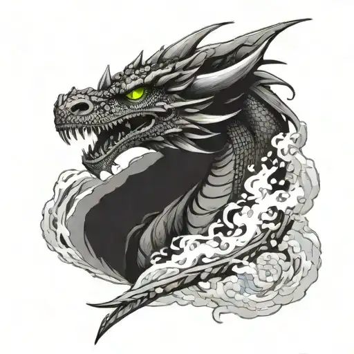 A Black Dragon With Green Eyes Emerging From A Cave With Smoke On It