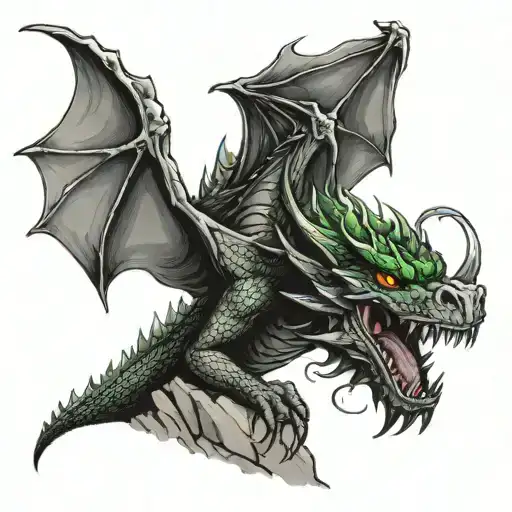 A Too Headed Black Dragon With Green Eyes Emerging From A Cave With Smoke On It