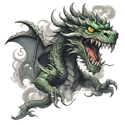 A Too Headed Black Dragon With Green Eyes Emerging From A Cave With Smoke In It