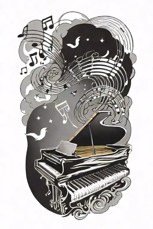 Music Notes Floating In The Sky Black And White Piano Keys