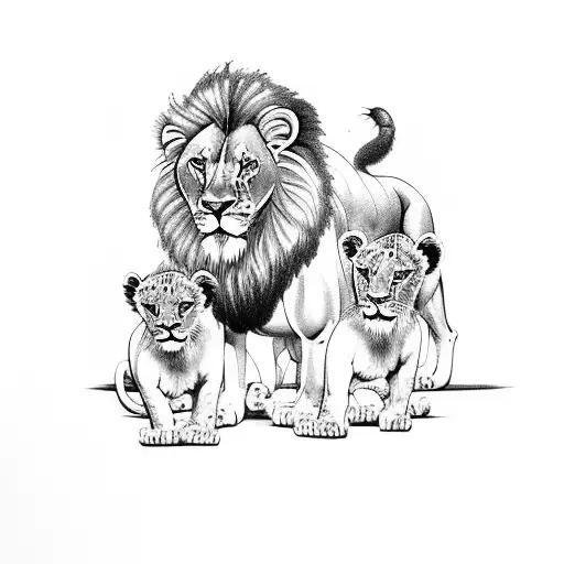Lion With 2 Cubs And Roses