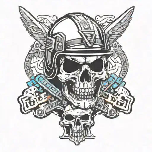 Skull Wearing A Motocross Helmet Surrounded By Heavy Metal Music Symbols And The Word 'Blegh'