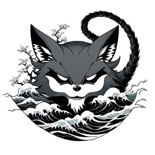 Japanese Cherry Tree Intertwined With Waves 9 Tail Fox Kitsune Mask