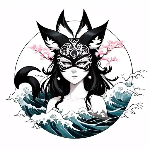 Japanese Cherry Tree With Waves With 9 Tail Fox Girl Wearing Kitsune Mask