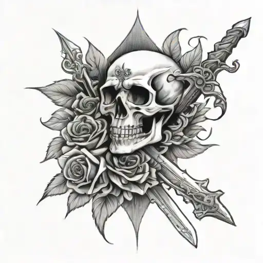 Skeleton Skull With Roses And Sword