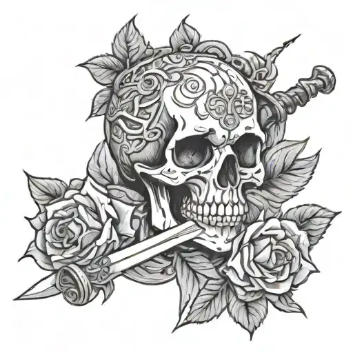 Skeleton Skull With Roses And A Sword Piercing The Skull