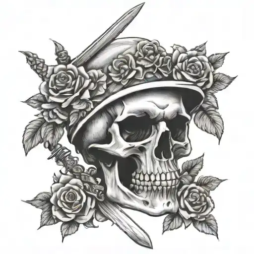 Skeleton Skull With Small Roses And A Sword Piercing The Top Of The Skull