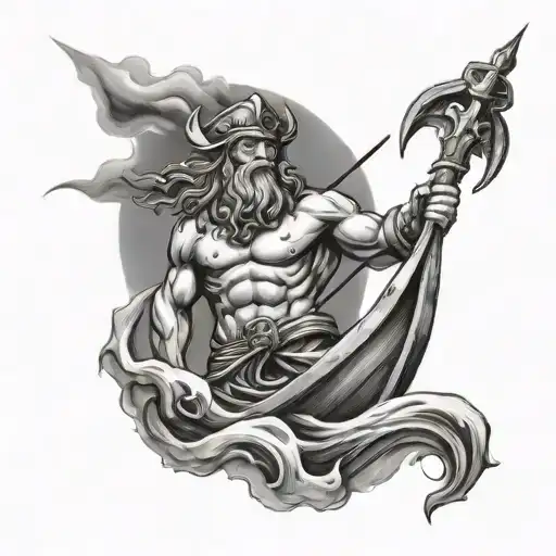 Poseidon Holding Trident With A Pirate Ship In A Storm