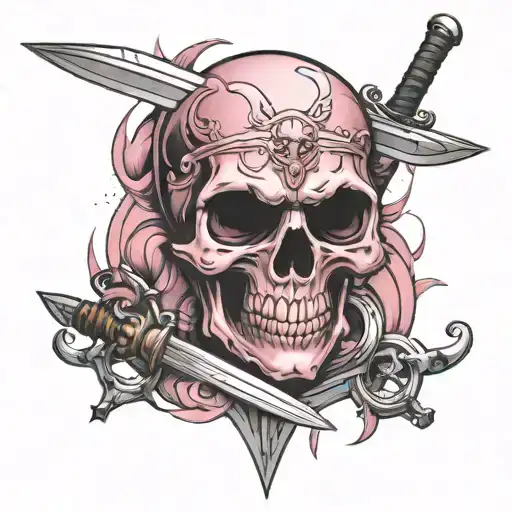 Pink Skull With A Sword Pierced By A Sword Behind The Skull