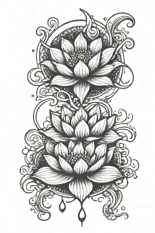 Lotus Flower With Multiple Phases On The Moon And Sun Rise And Waves