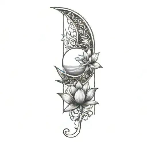Sun Rising And Moon Wanning Crescent Moon With A Lotus Flower