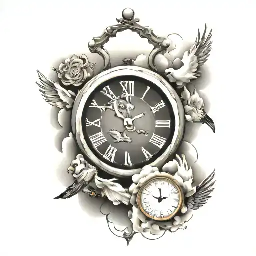 Clock And With Clouds And Birds Flying