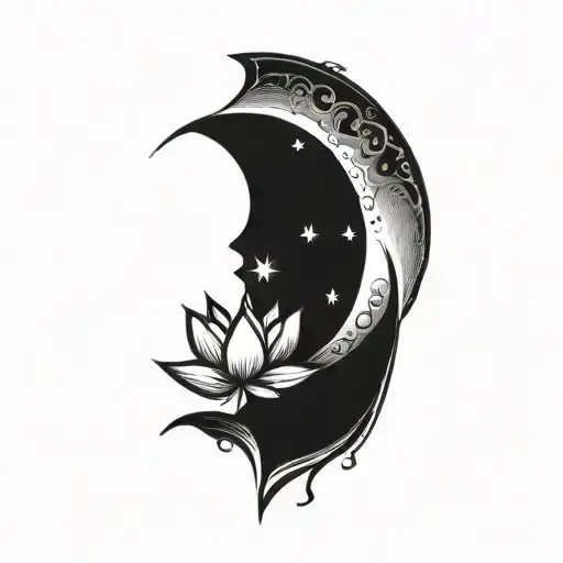 Sun Rising And Crescent Moon With A Lotus Flower
