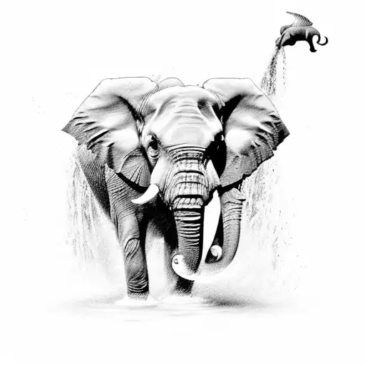 A Black-grey Tattoo Of An Elephant Gracefully Diving Into A Waterfall