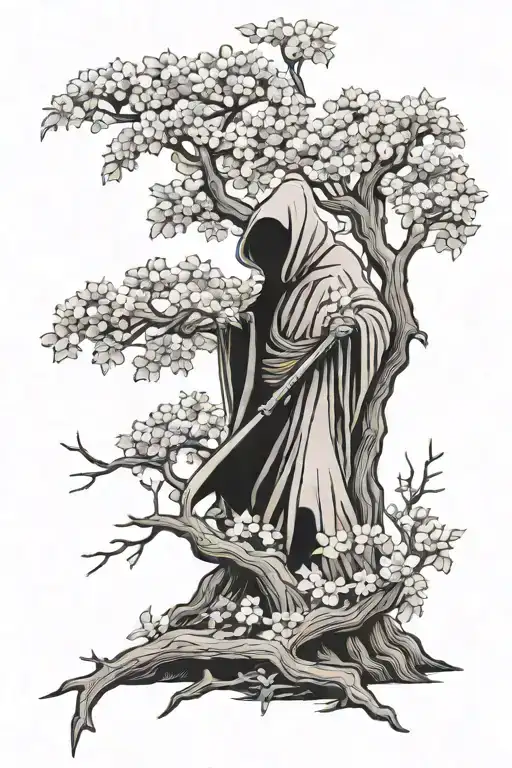 Grim Reaper Standing Under A Dogwood Tree With A Large Trunk