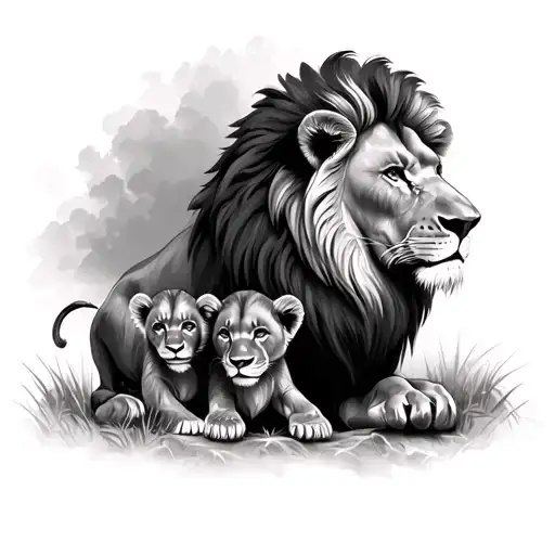Lion With Three Cubs