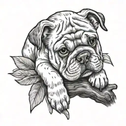 A Bulldog Puppy Sleeps On A Tree Branch