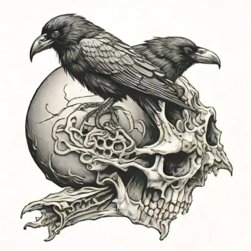 Crow Perched On A Human Skull With No Extra Details