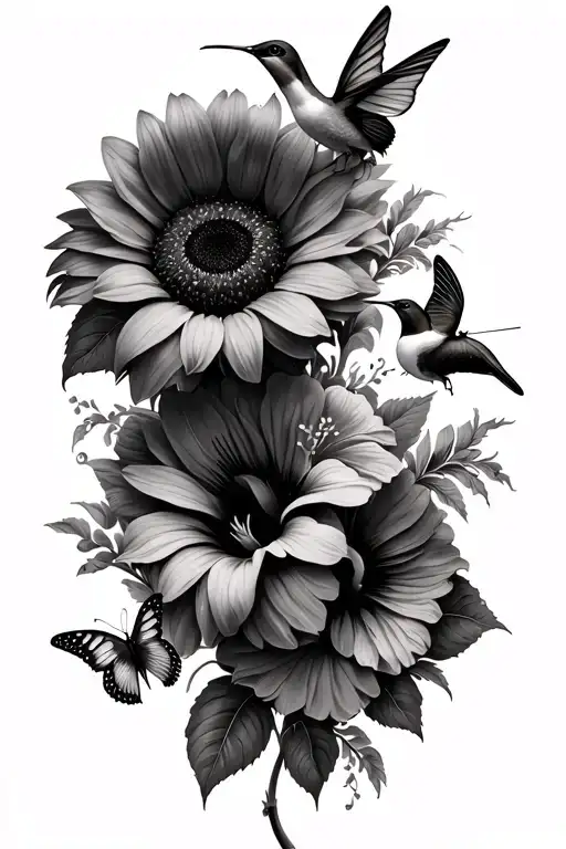 Sunflower And Hibiscus Flowers With Hummingbirds And Butterflies Tattoo Sleeve On Arm