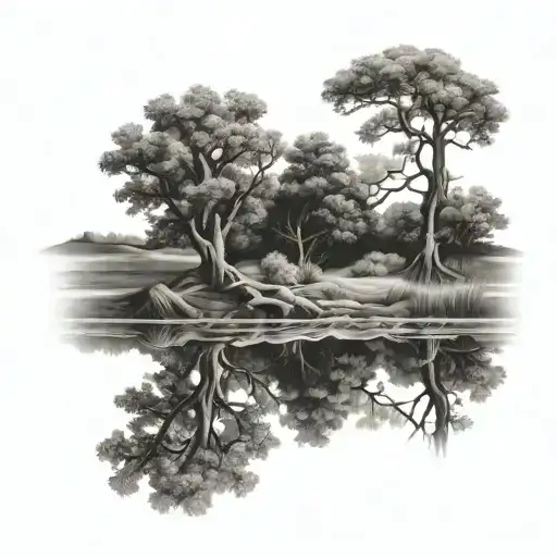 Tree Reflected In A Stream At An Angle