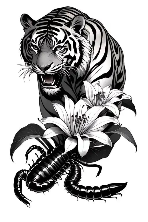 Tiger Fighting A Centipede With Spider Lily
