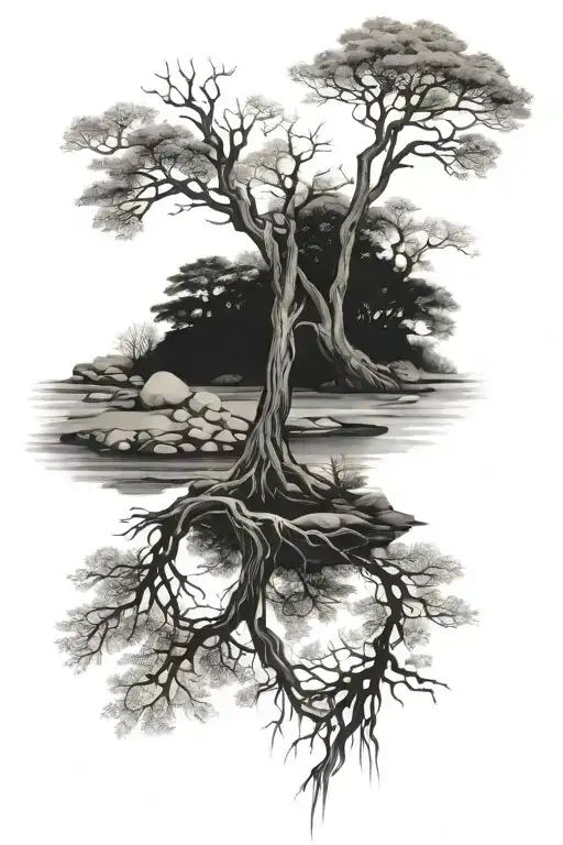 Tree Reflected In A Stream At An Angle