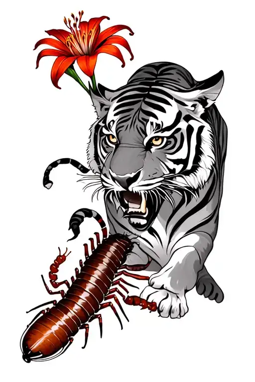 Tiger Fighting A Centipede With Red Spider Lily Flower