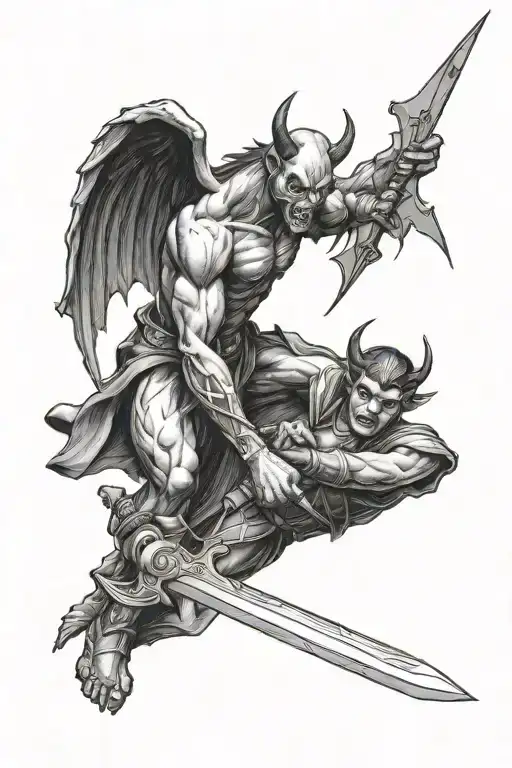 Devil Holding Sword Smighting An Angel Gothic Black And White