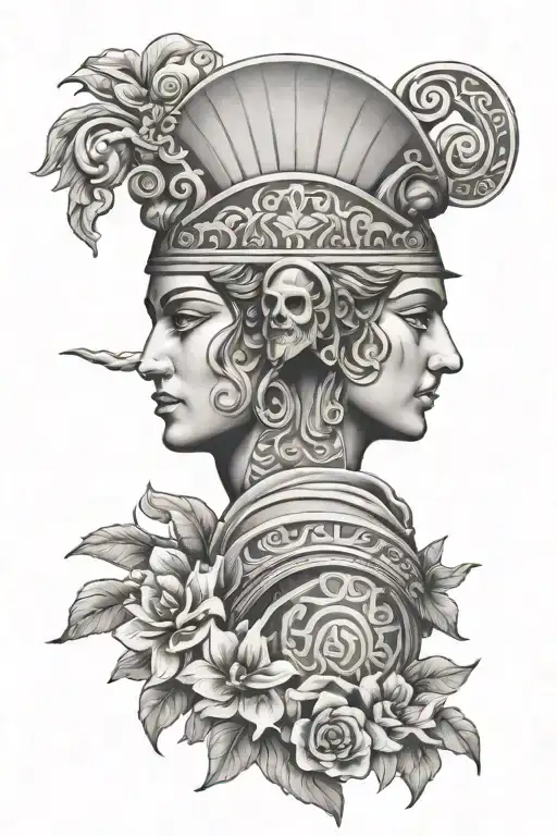 Black And White Greek Tattoo With Other Face