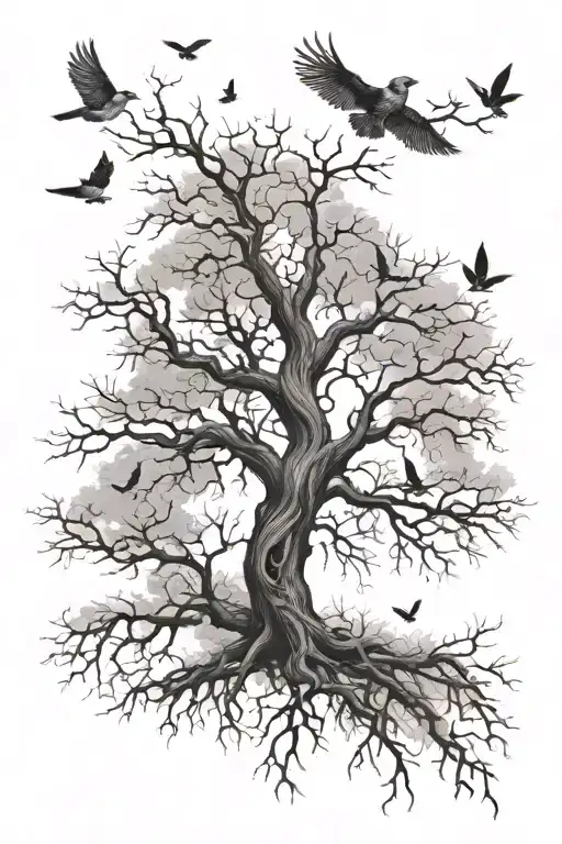 Realistic Skinny Dying Poison Tree With Birds Flying