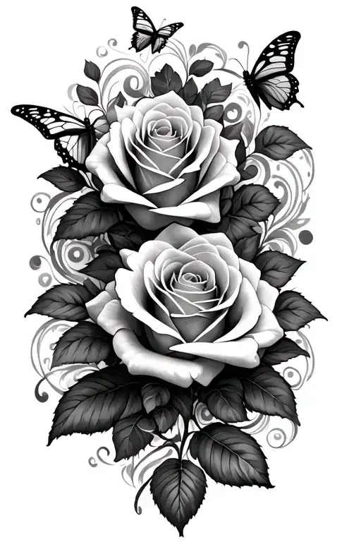 Roses And Butterflies Surrounded By Swirls
