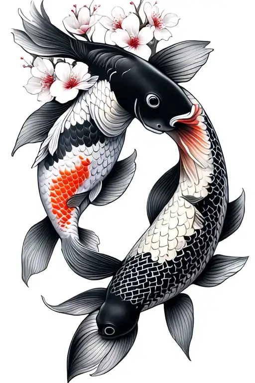 2 Koi Fish And Cherry Blossoms