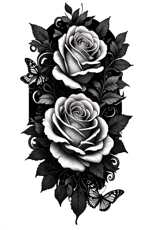 Roses And Butterflies Surrounded By Swirls