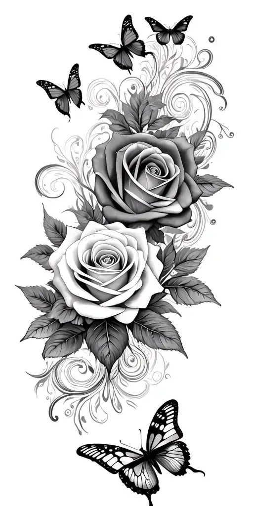 Roses And Butterflies Surrounded By Swirls