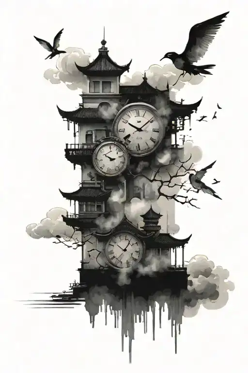Chinese Cloudy City Scape With Clocks And Hour Glasses