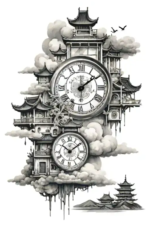 Chinese Cloudy City Scape With Clocks And Hour Glasses