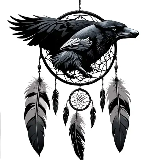 Mens Dream Catcher With 2 Feathers And A Wolf In The Center And A Raven Pirched On The Top