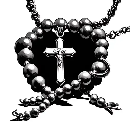 M&k With A Chaplet Necklace With Cross Wrapped Around It