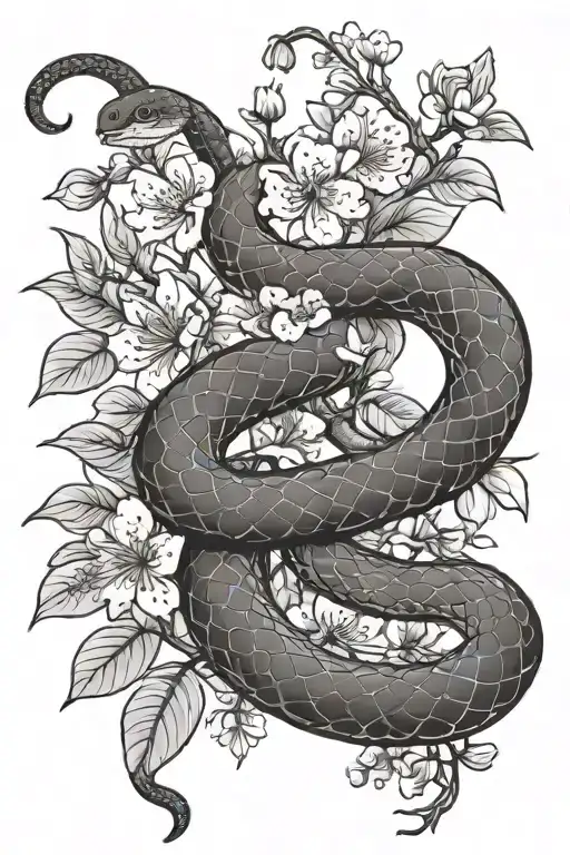 Snake And Flowers Leafs Cherry Blossom Branch