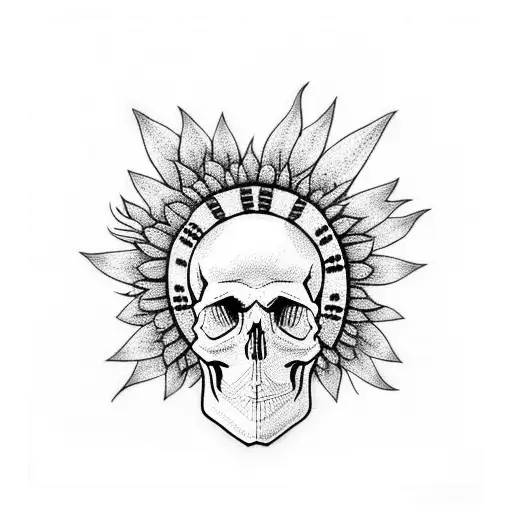 Skull In Native Headress With Sunflowers And Dream Cathers