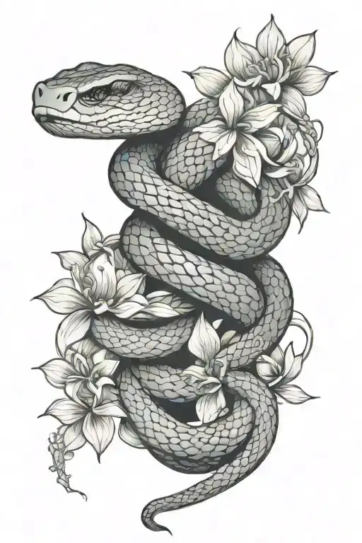 Snake Coiled Around Flowers