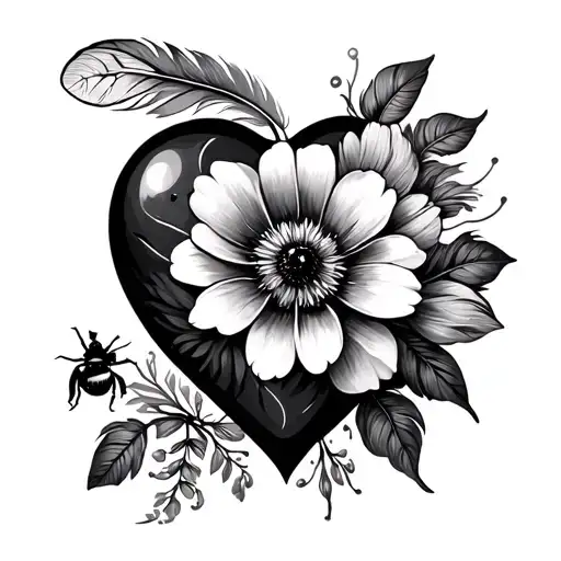 Heart Feather Bee And Flower Blooming